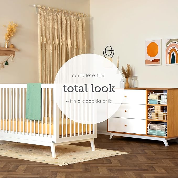 dadada Central Park 3-Drawer Dresser with Open Shelving - Modern Design, Baby-Safe Finish, Forged Steel Support, Sturdy Wood Legs, for Nursery, Kids or Teen Room, 47” Wide (White+Red Oak)