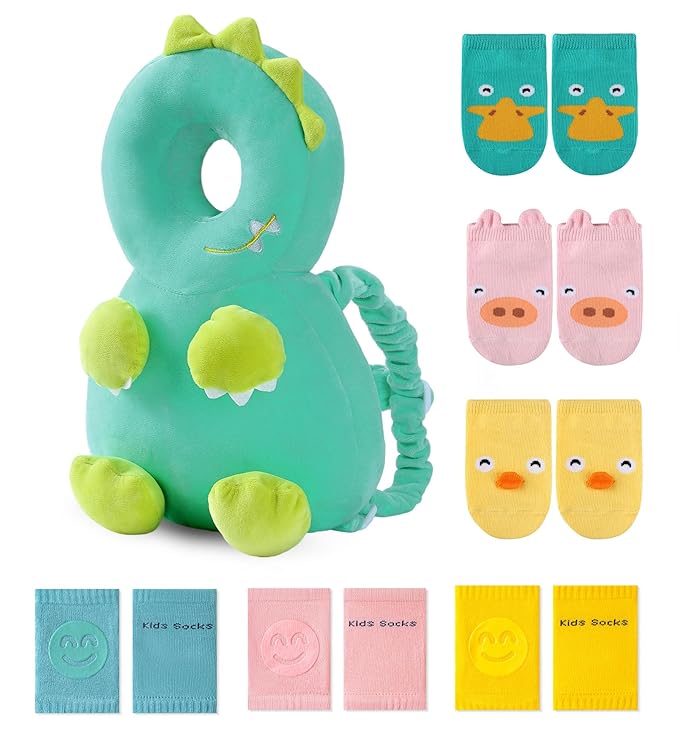 JunNeng Toddler Baby Head Protector Backpack for Toddler Walker with Knee Pads&Anti-Slip Socks, Dinosaur Green