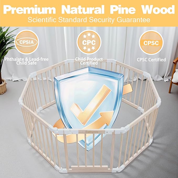 Foldable Wooden Playpen for Babies and Toddlers, Baby Play Pen with Gate, Portable Baby Fence Indoor Activity Center, Adjustable Size & Shape, 51"x 51", 8 Panels