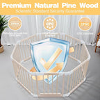 Foldable Wooden Playpen for Babies and Toddlers, Baby Play Pen with Gate, Portable Baby Fence Indoor Activity Center, Adjustable Size & Shape, 51"x 51", 8 Panels