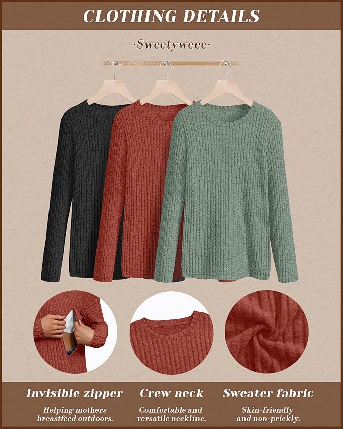 3 Pack Women's Nursing Long Sleeve Tops Breastfeeding Thermal Sweaters with Hidden Zipper Maternity Ribbed Shirts