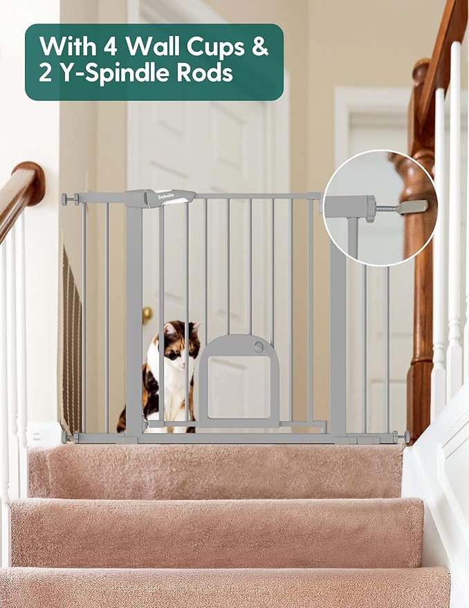 Babelio 36" Tall Upgraded Baby Gate with Cat Door,29-43" Auto Close Durable Dog Gate for Stairs,Doorways and House,Easy Walk Thru,Includes 4 Wall Cups,Gray