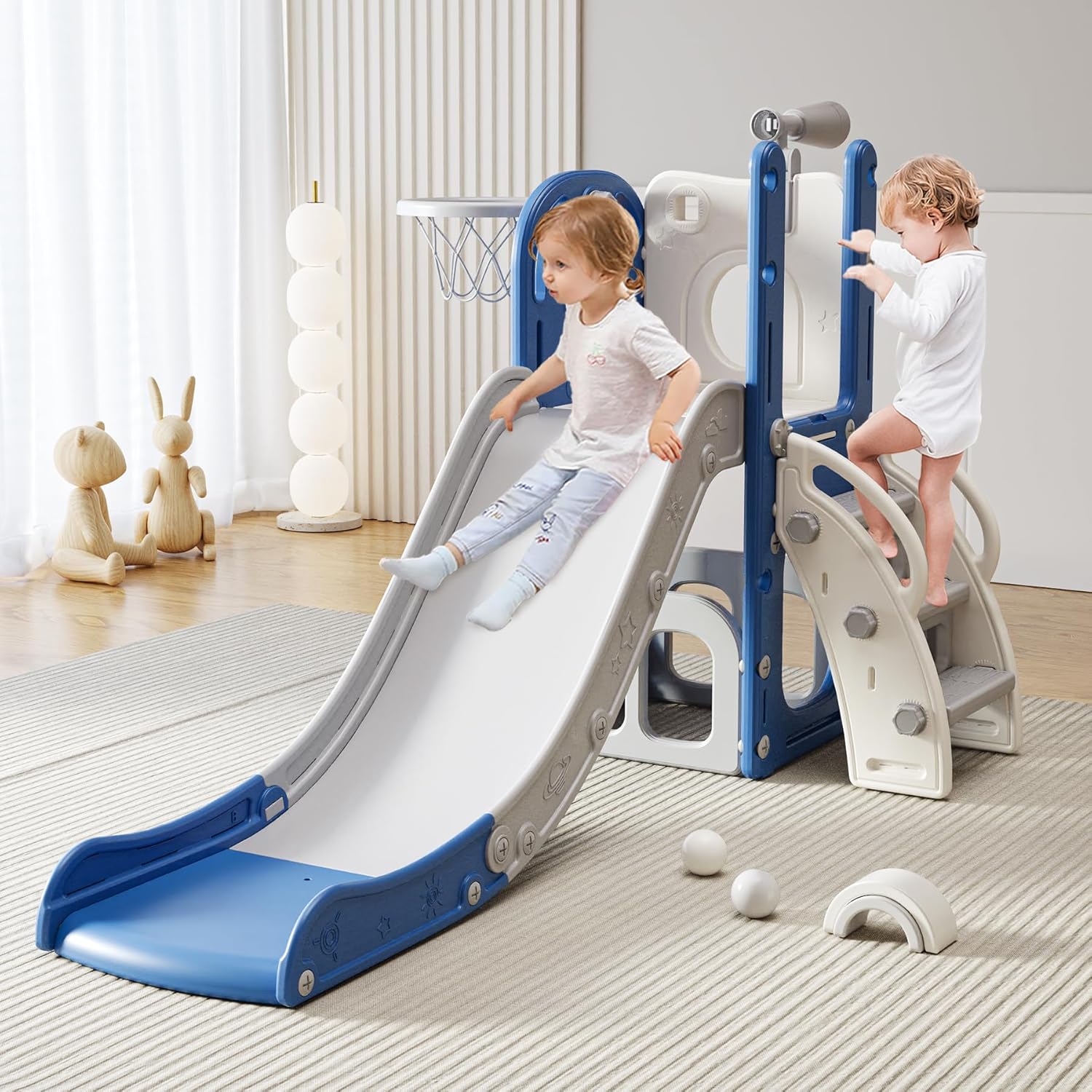 Toddler Slide Baby Slide for Toddlers Kids with Basketball Hoop Telescope Indoor Outdoor Slide Playset Playground