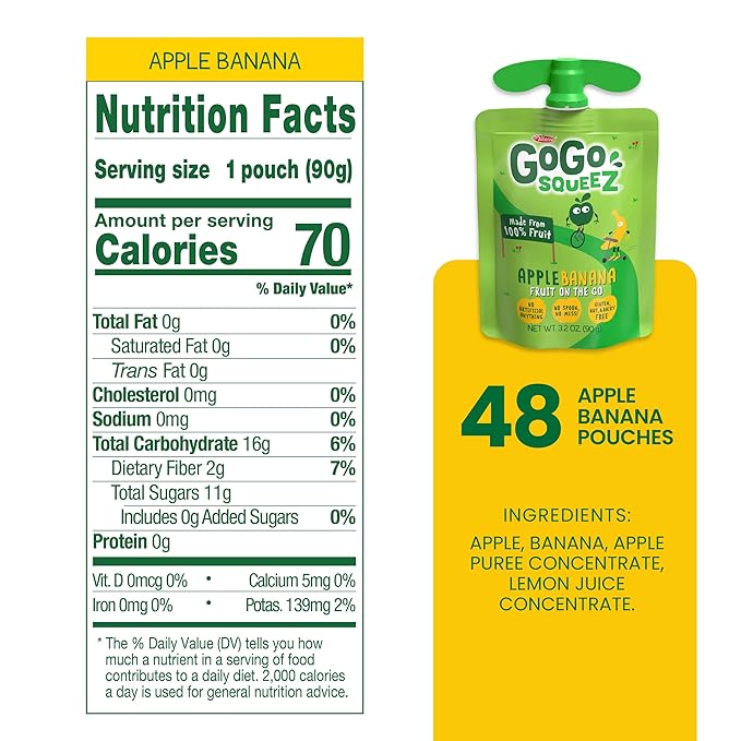 GoGo squeeZ Applesauce and Fruit Puree, Apple Banana, 3.2 oz (Pack of 48), Unsweetened Fruit Snacks for Kids, Gluten Free, Nut Free and Dairy Free, BPA Free Pouches (Packaging May Vary)