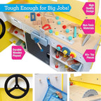 Construction Truck Wooden Playset w 60+ Toy Pieces- Pretend Hammer Saw Bolts & Screws- Spinning Turn Saw, Steering Wheel, Wood to Pull Apart- Dual Sided Play Stand Center, Workbench Building Kids Gift