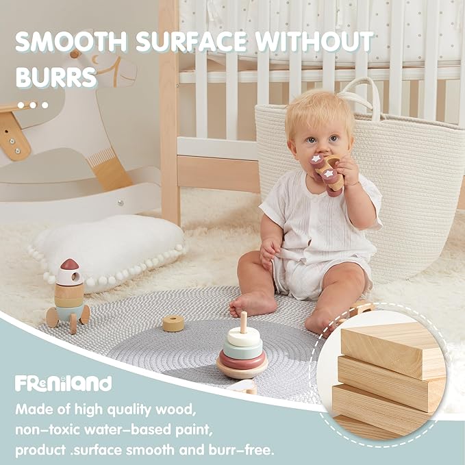 FReniland Wooden Montessori Toys, 4-Piece Wooden Baby Toy, Rainbow Stacking Ring,Car Push and Pull Toy, Rocket Stacking Ring Babys Toys,Newborn Baby Gift Sets for Boys and Girls