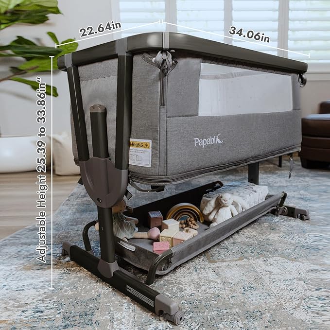 Papablic 4 in 1 Baby Bassinet, Bedside Bassinet for Baby, Adjustable Rocking Bassinet Bedside Sleeper with Soft Mattress & Storage Basket, Easy to Assemble, Black