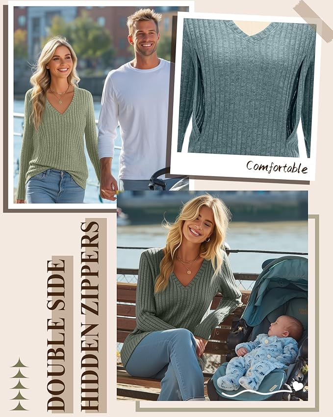 3 Pack Women's Maternity Nursing Tops, V Neck Breastfeeding Sweaters Long Sleeve Hidden Zipper Shirts