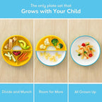 Omie® Easy Scoop Plates for Kids | Unique Design Helps Food Fall into the Spoon, Not on the Table | Made from Plants | 3 Plates + 2 Silicone Dividers | Blue