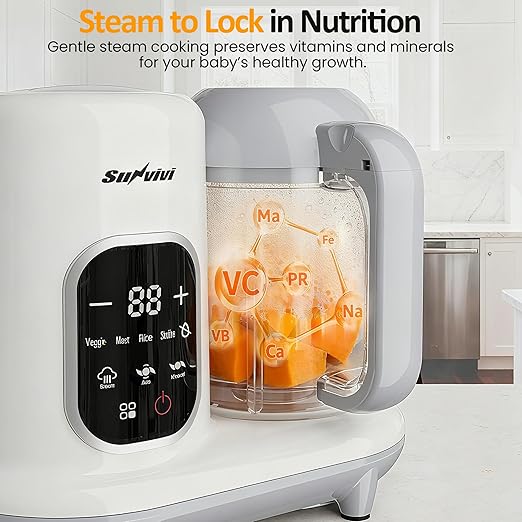 All-in-one Baby Food Maker: Baby Food Processor Blender Combo with Self Clean & LCD Display, Baby Food Puree Maker with Steam, Heating & Stirring, White Steamer Container Grinder