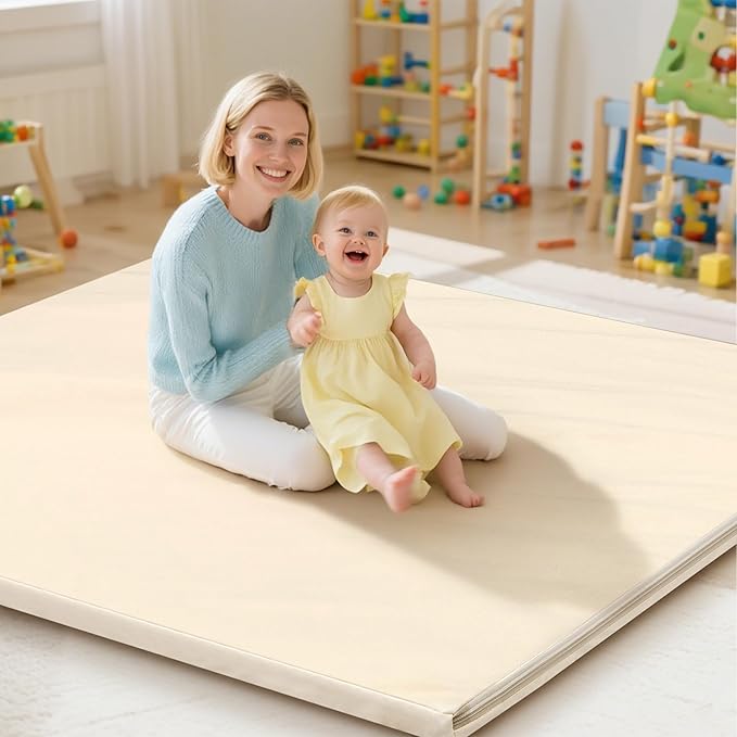 Baby Play Mat 47x47 Inches, Extra Thick 1.2" Foam Floor Mat for Tummy Time & Crawling, Waterproof Non-Slip Faux Leather Playpen Mat for Infants Toddlers, Indoor Outdoor Gym Activity, Beige