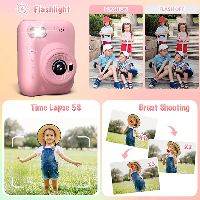 Instant Print Camera for Kids, 3.0" HD 32MP Kids Camera 1080P with 3 Rolls of Printer Paper, Birthday Gifts Toy for 3-12 Year Old Girls Boys with 32GB SD Card-Pink