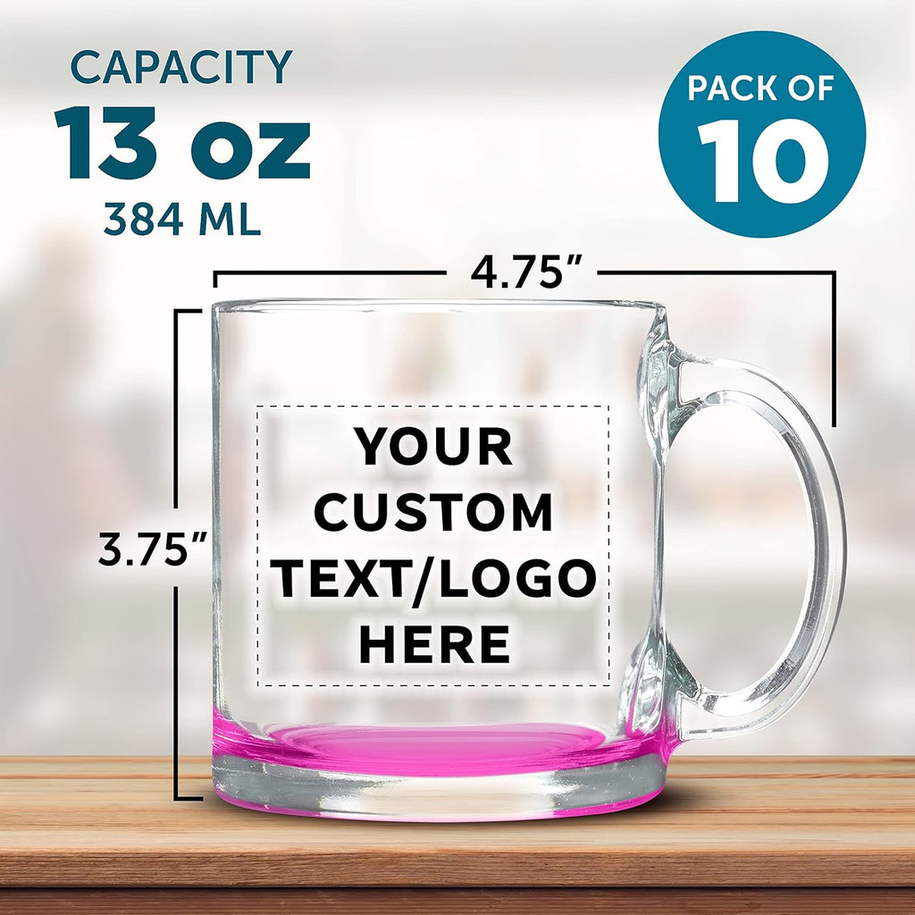 Custom Libbey Clear Glass Coffee Mugs 13 oz. Set of 10, Personalized Bulk Pack - Perfect for Coffee, Tea, Espresso, Hot Cocoa, Other Beverages - Pink Bottom