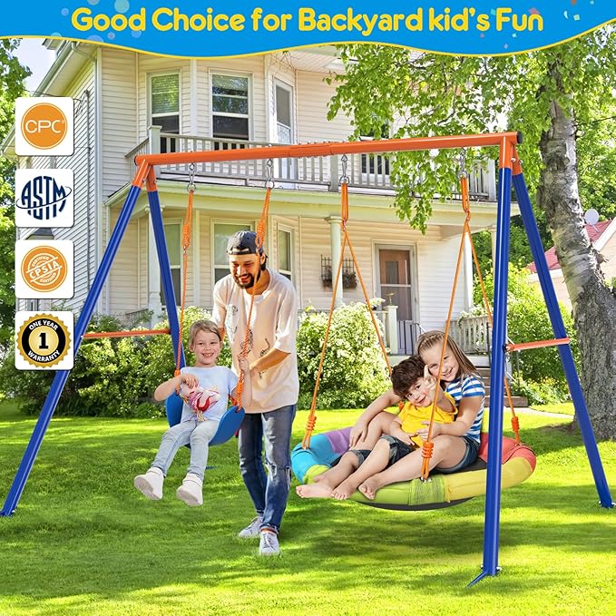 GIKPAL Swing Set with Stand for Kids, Outdoor Swing Sets for Backyard with 32 Saucer and 26.2" Seat, Heavy Duty Metal A-Frame Holds 440 lbs