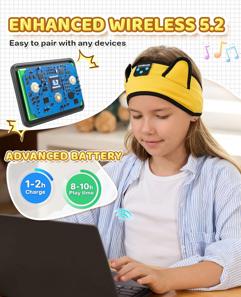 KIDSBAND Kids Headphones, Baby Headphones for Plane, Bluetooth Headphones Headband for Kids with Wired Playback 3.5 MM Jack for School Girls Boys Children,Kindle Tablet Cellphones Airplane Travel