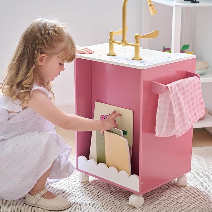 Teamson Little Chef Savannah Wooden Montessori Pretend Play Kitchen for Toddlers Kids Ages 3+ Modular Three-Piece Set with Sink Cart Stove & Fridge for Boys and Girls Playset – Pink