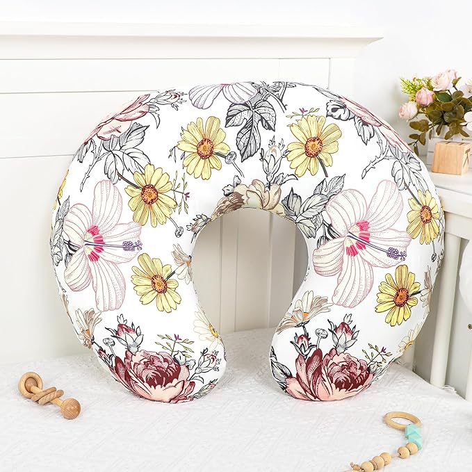 Floral Nursing Pillow Cover, Breastfeeding Pillow Slipcover for Baby Girls, Soft Snug Fits On Newborn Feeding Pillow Case