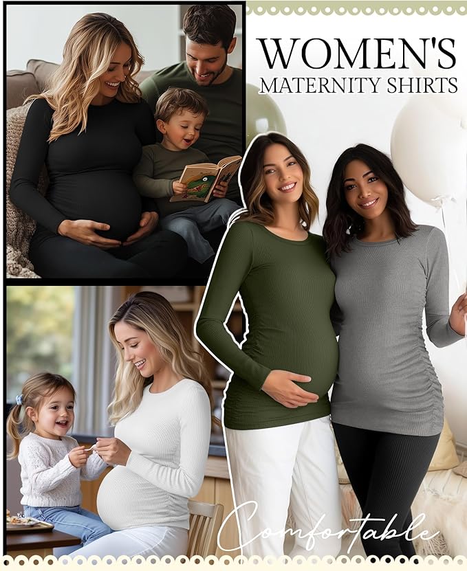 Ficerd 4 Pack Women's Maternity Shirts Cotton Long Sleeve Ribbed Crew Neck Pregnancy Tops Side Ruched Casual Mama Clothes