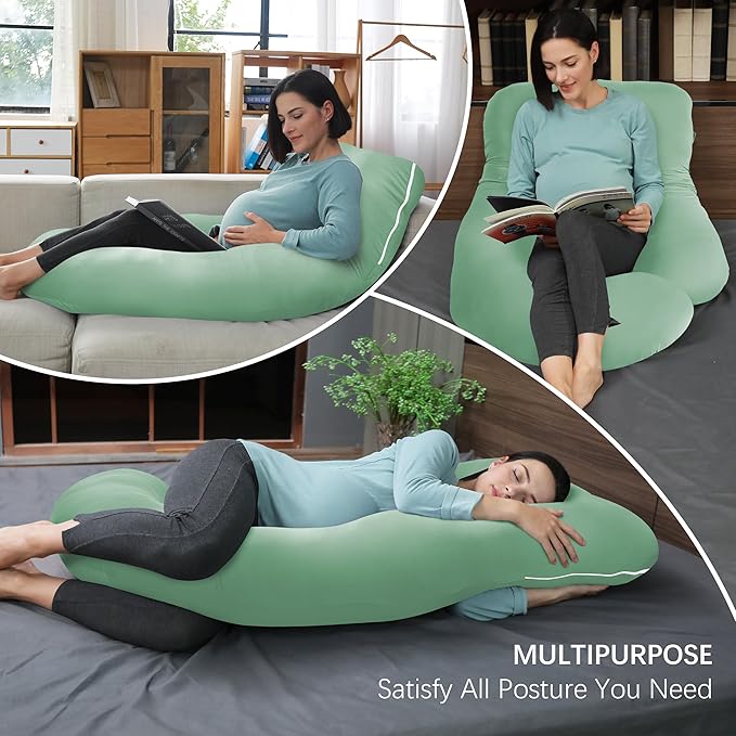 MOON PARK Pregnancy Pillows for Sleeping - U Shaped Full Body Maternity Pillow with Removable Cover - Support for Back, Legs, Belly, HIPS - 65 Inch - Green - Cooling Cover
