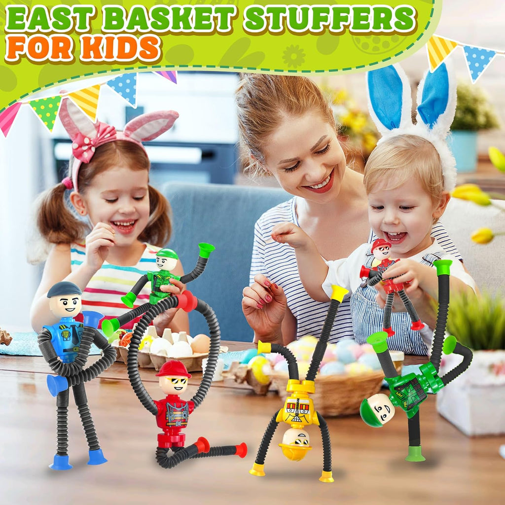 Easter Basket Stuffer Gift for Toddlers Kids Robot Sensory Travel Toys 4Pcs for Boy Year Old Ages 3 4 5 6 7 8 9, Airplane Travel Activities Suction Autistic Valentine Pop Tube Autism Fidget Toys