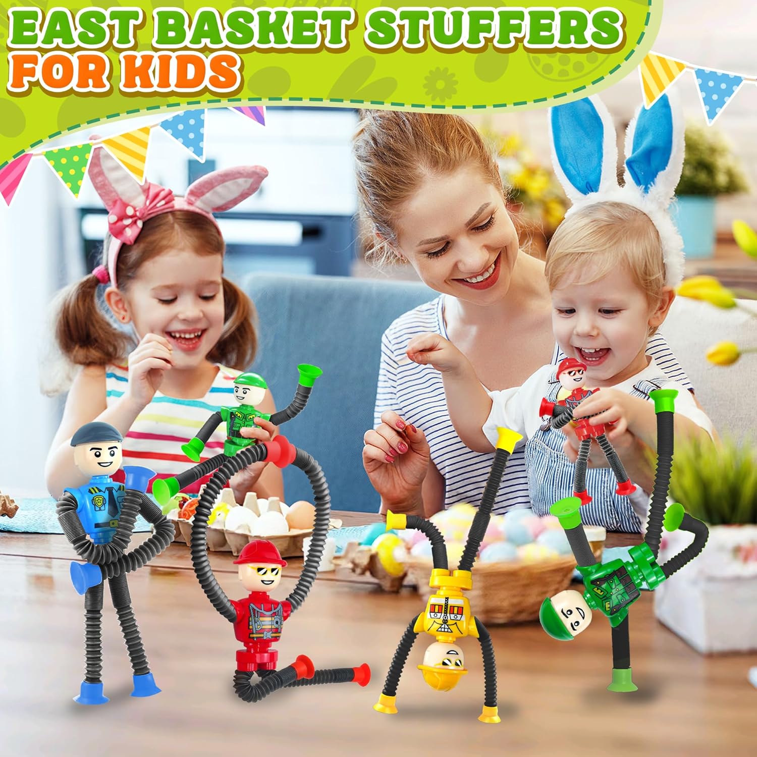 Easter Basket Stuffer Gift for Toddlers Kids Robot Sensory Travel Toys 4Pcs for Boy Year Old Ages 3 4 5 6 7 8 9, Airplane Travel Activities Suction Autistic Valentine Pop Tube Autism Fidget Toys