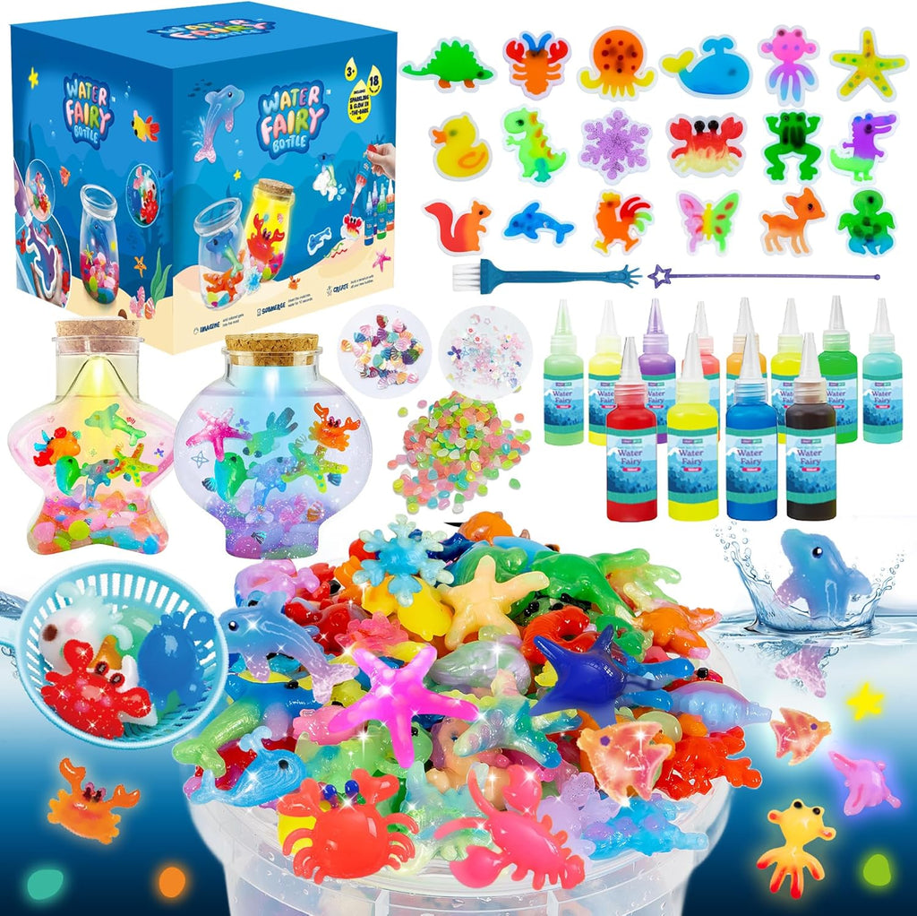 LED Night Light Up, Magic Water Fairy Craft Kit for Kid, Glow-in-The-Dark Magic Gel Water Pets Squishy Kit, Aqua DIY Elf with 18 Molds,100ml Gels, 5000ml Bucket Birthday Gift Make Your Own Sea World