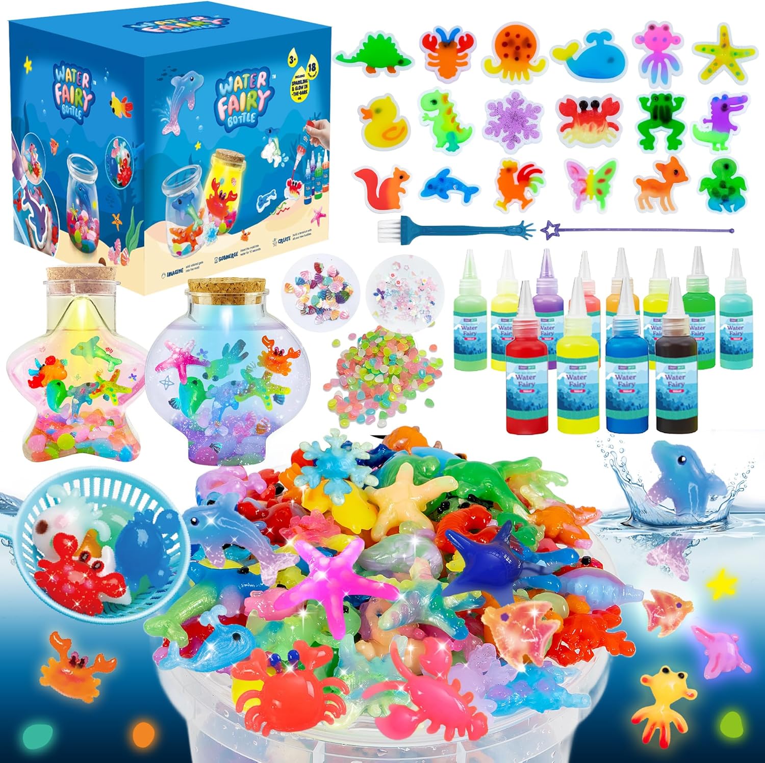 LED Night Light Up, Magic Water Fairy Craft Kit for Kid, Glow-in-The-Dark Magic Gel Water Pets Squishy Kit, Aqua DIY Elf with 18 Molds,100ml Gels, 5000ml Bucket Birthday Gift Make Your Own Sea World