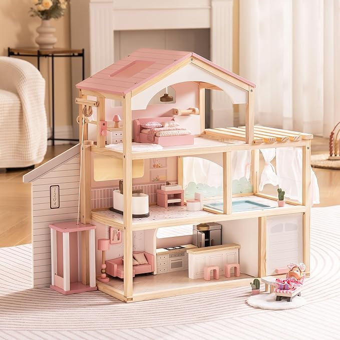 ROBOTIME Wooden Dollhouse, Doll House with 29 Pieces Furniture Set - Pool and Elevator, Wooden Doll House for 4, 5, 6-Inch Dolls, 6 Rooms Pink Dollhouse Gift for Kids Girls Ages 3+ (Pink)