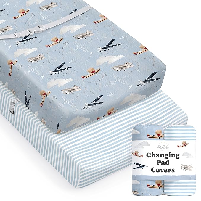 Baby Changing Pad Cover 2-Pack for Boys, Girls (Watercolor Airplanes and Clouds) - Premium Fitted Sheets Baby Diaper Changing Table Cover - Buttery Soft Cotton Blend