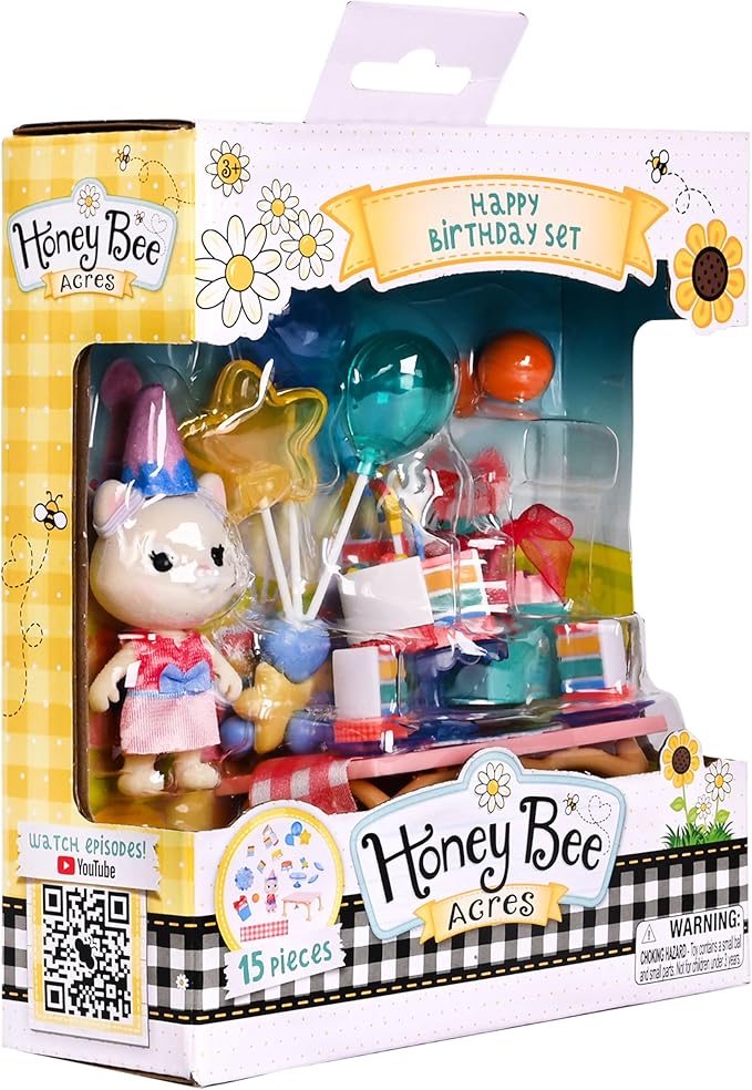 Honey Bee Acres Birthday Wishes Playset, 15 Piece Miniature Dollhouse Party Set with Cat Figure, Rainbow Cake, Balloons & Gift, Pretend Play Birthday Celebration for Kids Ages 3+