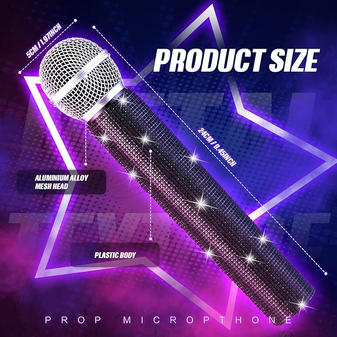 Sanwuta Fake Microphone Prop Sparkly Bling Rhinestones Plastic Play Microphone Pretend Glitter Bedazzled Mic for Cosplay Party Costume(Black)