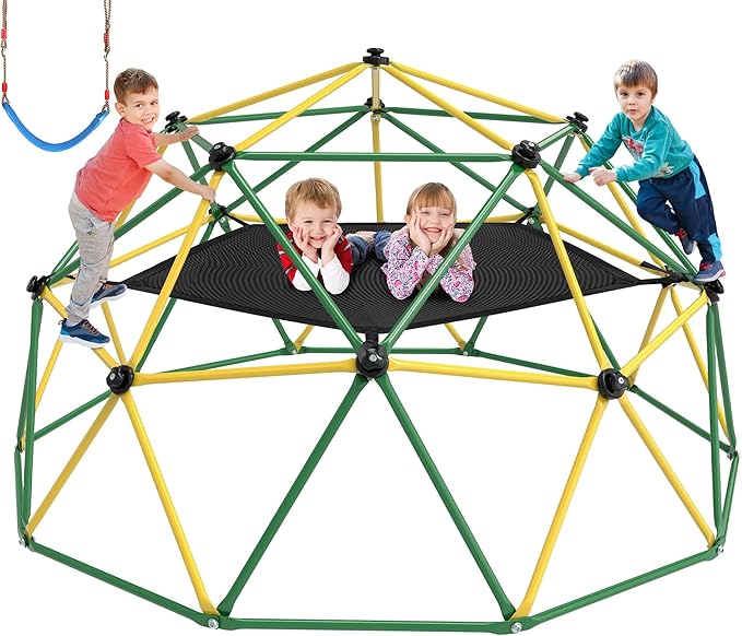 Climbing Dome, 10FT Dome Climber with Hammock & Swing for Kids 3-10, Kids Outdoor Jungle Gym Supports 1000lbs, Easy Assembly Playground Jungle Gym Backyard Play Equipment, Yellow+Green