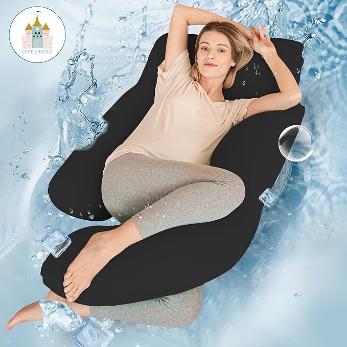 Cute Castle Cooling Cover Pregnancy Pillows, Soft U-Shape Maternity Pillow with Removable Cover - Full Body Pillows for Adults Sleeping - Pregnancy Must Haves - Jumbo 57 Inch - Black