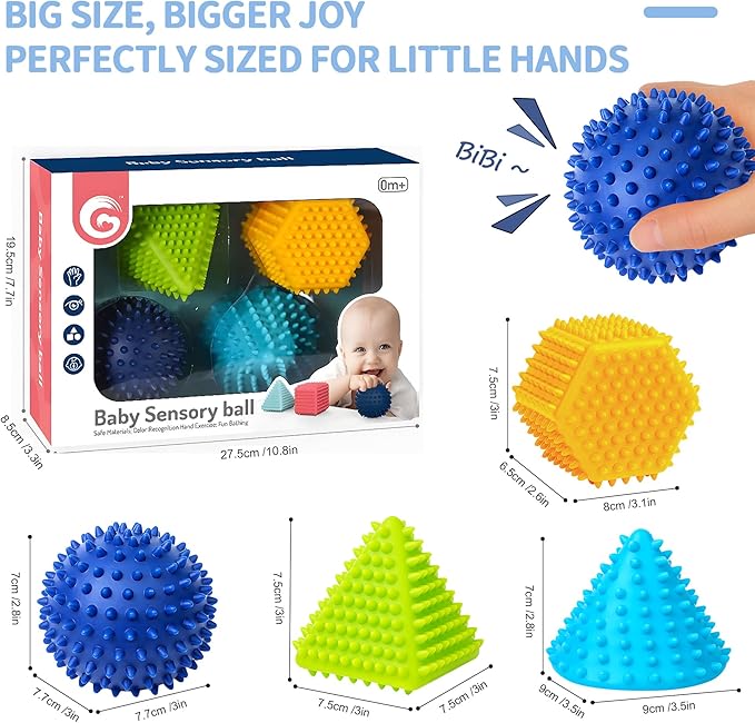 Soft Spiky Sensory Balls - Textured Geometric Shapes for Babies' Sensory Development, Massage Sensory Balls for Toddlers 1-3 Multicolor Bath Gifts Montessori Toys Baby Balls 6 to 12 Months