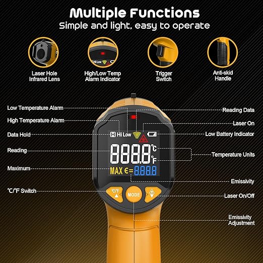 Infrared Thermometer Gun,SQECH Laser Thermometer Gun -58℉～1112℉(-50℃～600℃),Non-Contact Temperature Gun with Adjustable Emissivity&Color Backlight for Cooking, Pizza Oven,BBQ,Fridge,Engine,HVAC(Yellow)