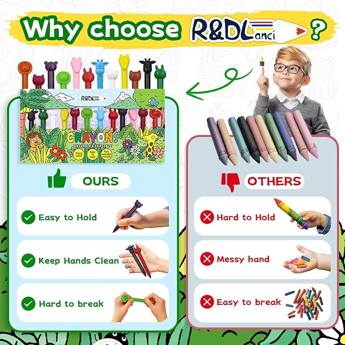R&DLanci Animal Crayons for Kids, 11-colors Washable Crayon Set with Eraser & Drawing Paper, Non-Toxic Crayon, Easy to Hold, Mess-Free Crayons for Toddlers, Art Supplies for Toddlers and Kids Ages 3+