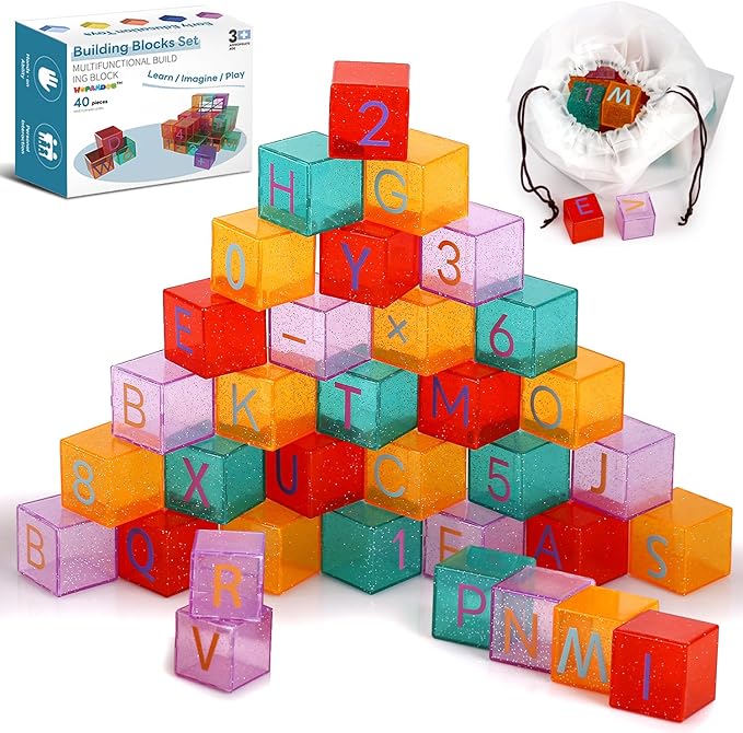 40 PCS Building Blocks for Toddlers, ABC & Number Stacking Blocks Toys for Kids with Color ID Cards, Alphabet Learning and Educational STEM Toy for Boys Girls Gifts 3 4 5 6