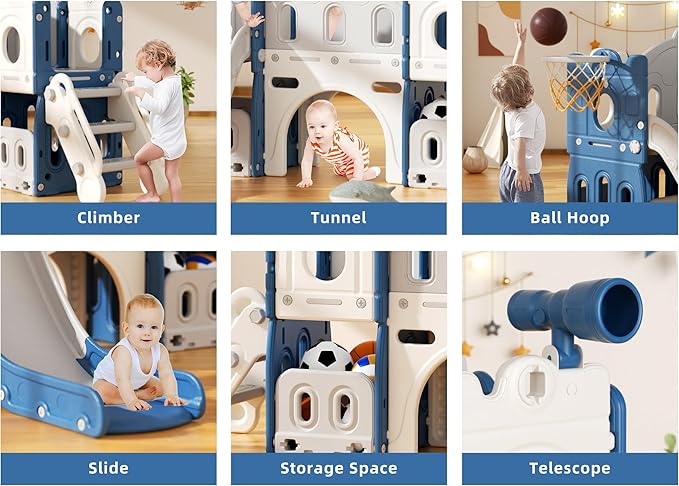 XJD 7 in 1 Toddler Slide Set, Kids Slide for Toddlers Age 1+, Toddler Climber Slide PlaySet with Basketball Hoop and Ball,Outdoor Indoor Playground for Toddlers 1-3 (Blue)