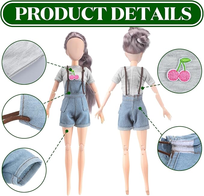 Bencailor 8 Pieces Christmas Doll Clothes for 11.5 Inch Doll Accessories Sweaters Denim Pant Summer Regular Outfit Clothing(T Shirt and Suspender Trousers)