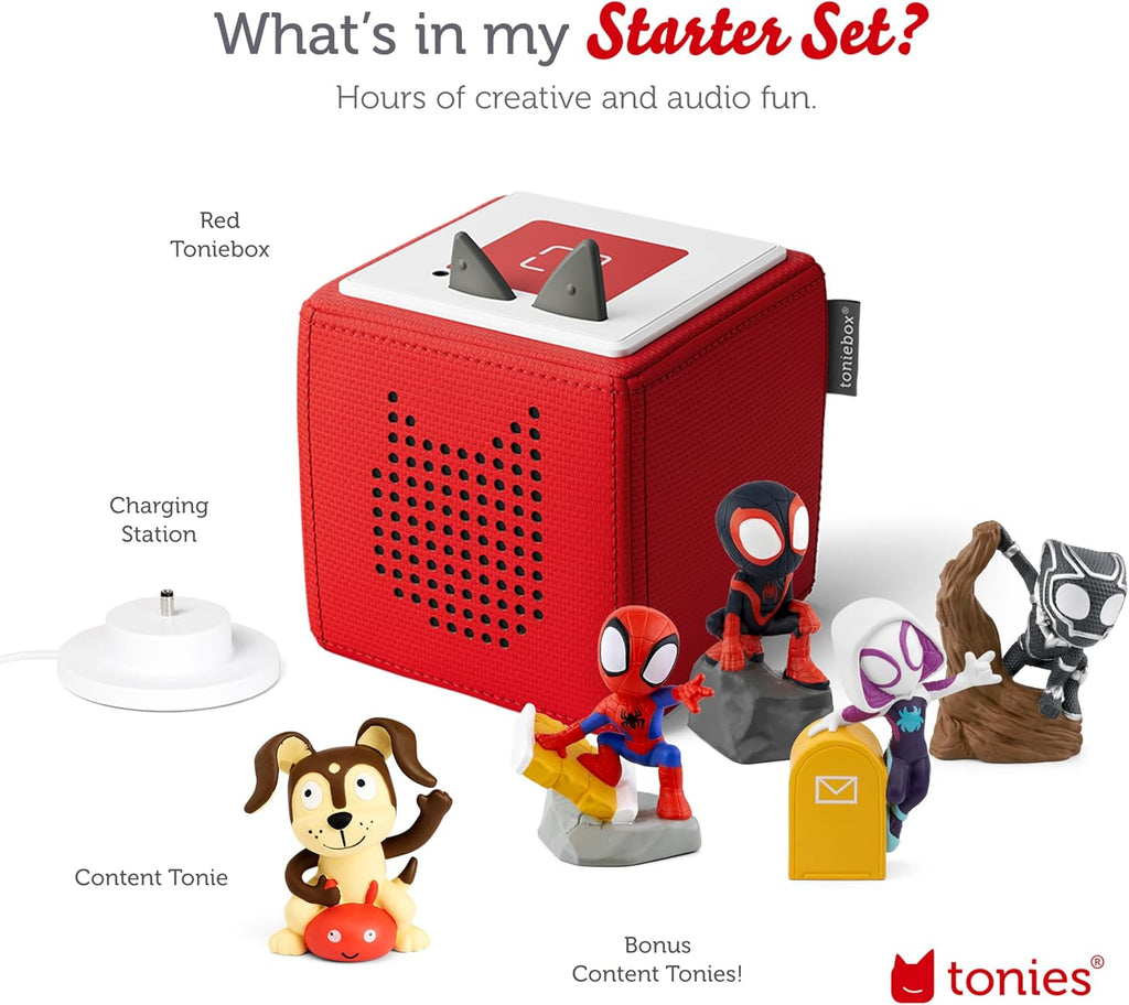 Tonies Toniebox Audio Player Starter Set with Spidey, Ghost-Spider, Spin, Black Panther, and Playtime Puppy - Ages 3+, Listen, Learn, and Play with One Huggable Little Box - Red