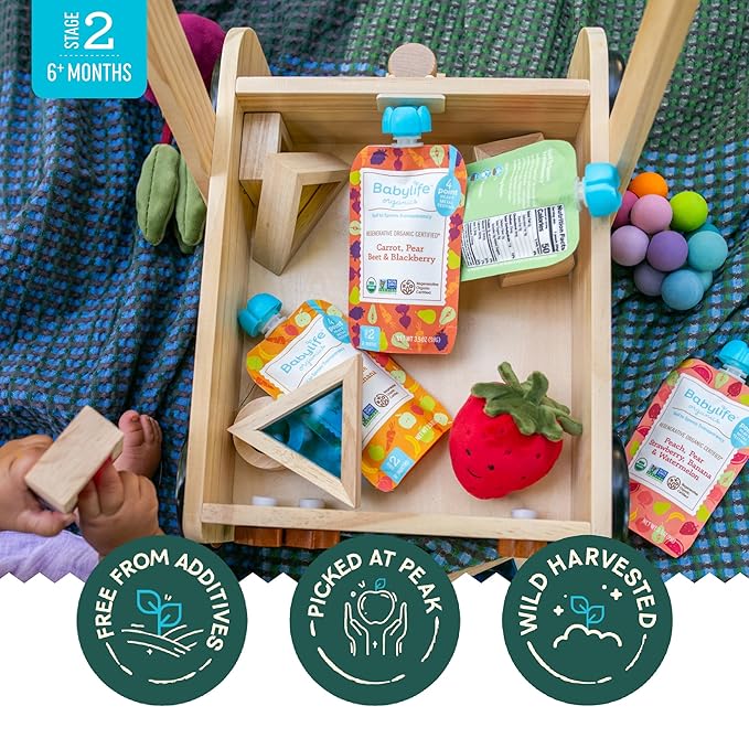 Babylife Organics Stage 2 - Carrot, Pear, Beet & Blackberry, 3.5 Ounce Pouch (6 Pack) - Heavy Metal Safe, Organic Baby Food