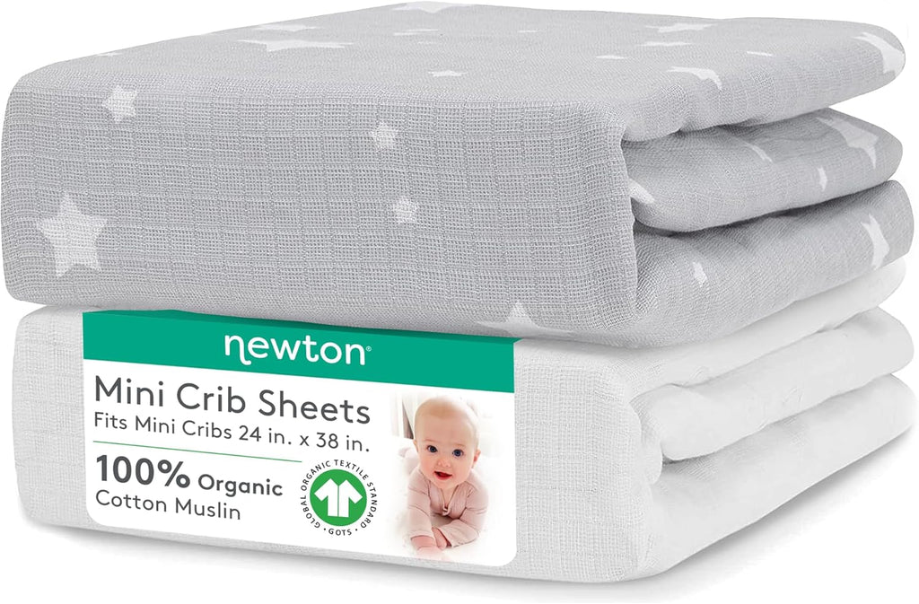 Newton Baby Fitted Mini Crib Sheets (2-Pack) | Organic Muslin Cotton, Breathable & Soft Baby Sheets, Washable Baby Mattress Sheets, Fits Any Mini Sized Crib 24" x 38", Stardust Twilight Grey + White