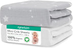 Newton Baby Fitted Mini Crib Sheets (2-Pack) | Organic Muslin Cotton, Breathable & Soft Baby Sheets, Washable Baby Mattress Sheets, Fits Any Mini Sized Crib 24" x 38", Stardust Twilight Grey + White
