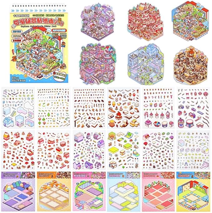 Sticker Therapy 3D Scenes – 6 Sets Large Size DIY 3D Sticker Scene with Tweezer for Adults & Kids Relief Stress Pass The Time, Cute Miniature House & Room Material Collection Book 01