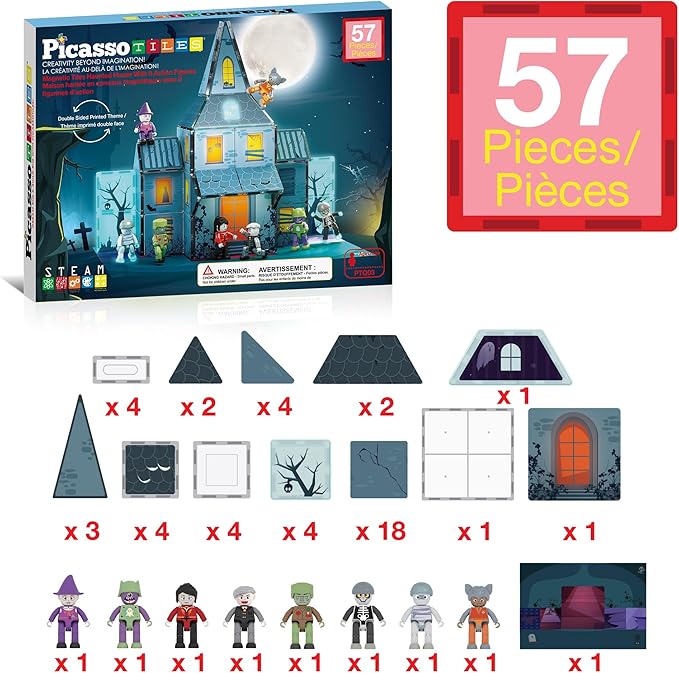 PicassoTiles Haunted House Theme Magnet Tile Building Blocks 8 Action Figures Magnetic Construction Toy Double Sided Printing Education STEM Learning Playset Halloween Adventure Kid Ages 3+ PTQ03