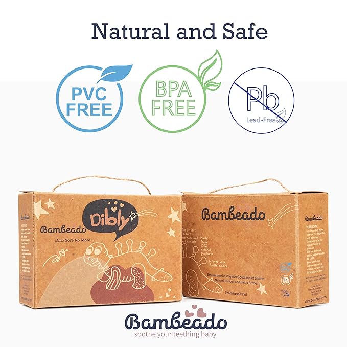 Bambeado Baby Teether Toy and Training Toothbrush: Dibly - The Dino Baby Teething Toys BPA-Free Teethers Inspired by Nature with Natural Rubber Pacifier