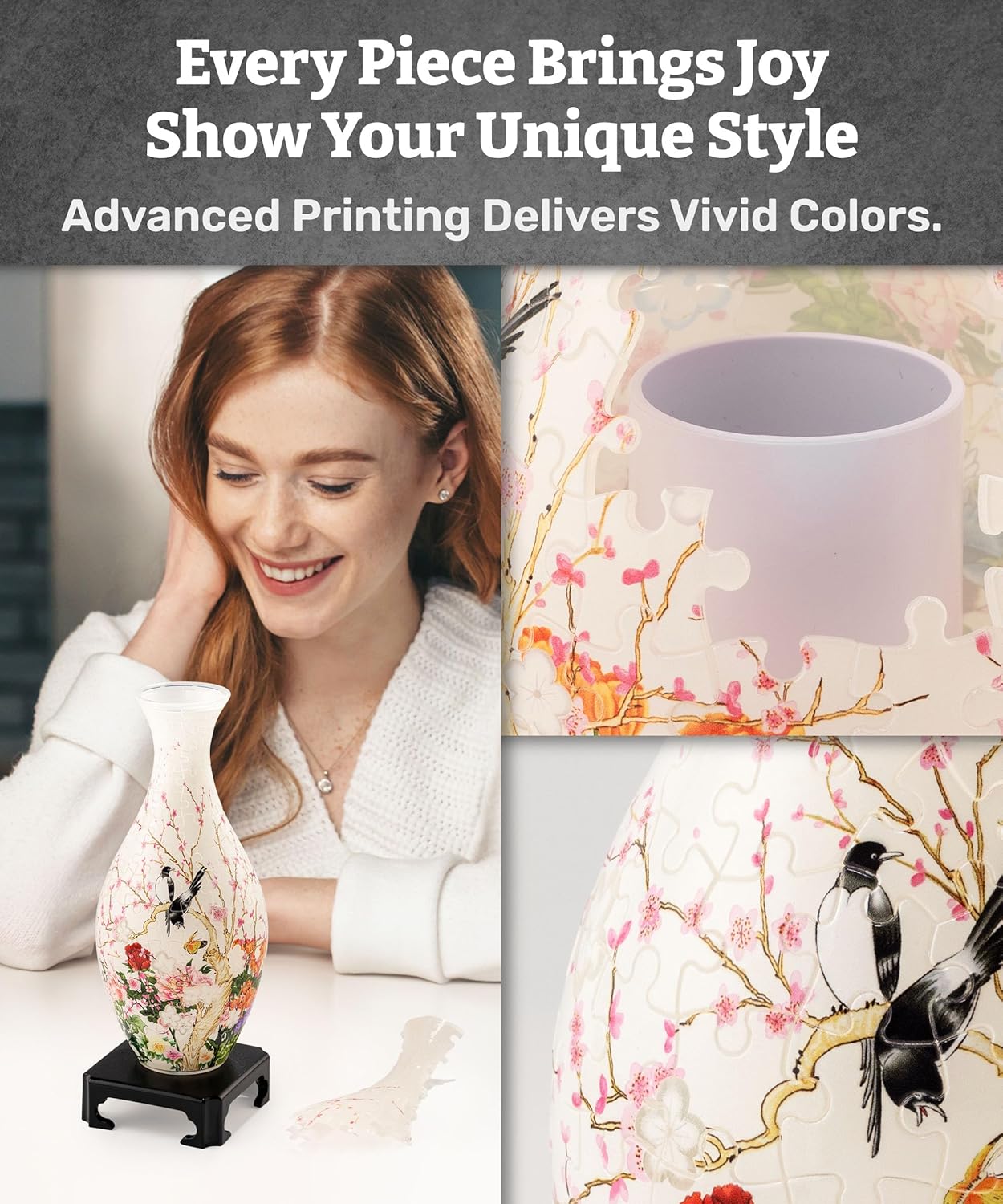 Pintoo 3D Puzzle Vase Unique Flower Vase Made by 160 Curved Plastic Puzzle Pieces House Warming Gift for Flower Arrangements and Home Decoration - [S1035] (Translucent, Flowers and Birds)