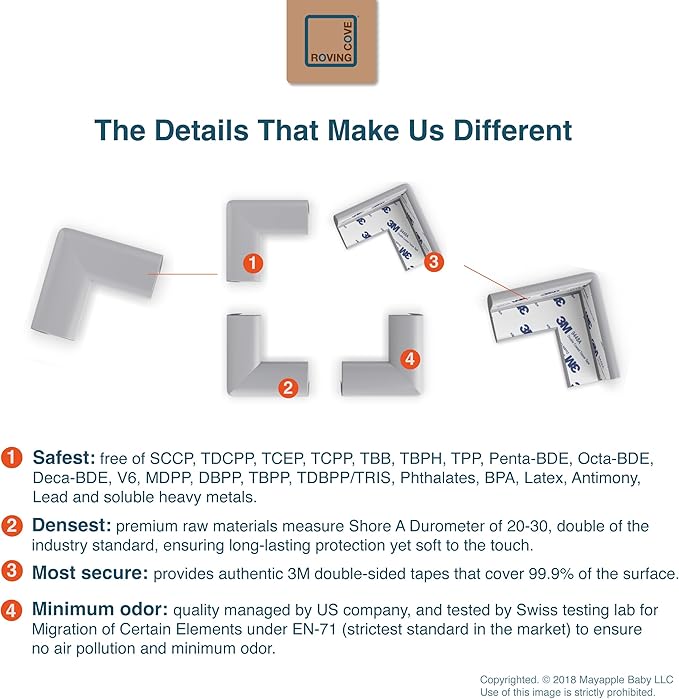 Roving Cove Slimfit Corner Protector for Baby Proofing (8 Small Corners), Soft Rubber Foam Furniture Safety Bumper Guards, 3M Adhesive Pre-Taped, Stone Grey