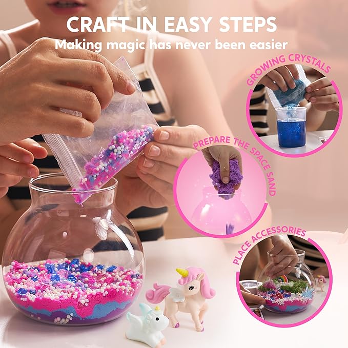 Klever Kits Make Your Own Unicorn Crystal Terrarium Crafts Kit for Kids-Crystal Growing Science 12 Color LED Night Light Unicorn Birthday Gifts Toys for Girls