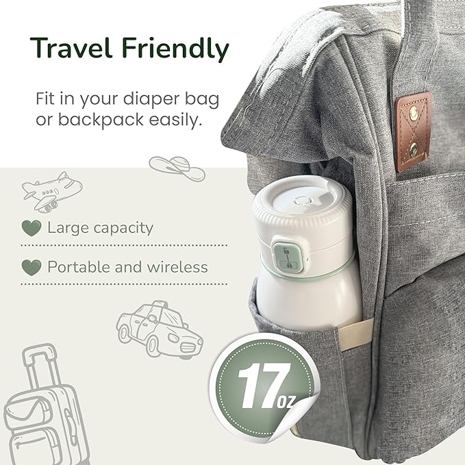 Portable Milk Warmer for Travel, Pasteurization Mode, 17 oz Capacity, 3 Min Fast Heating & Long Battery Life, Baby Bottle Warmer for Breast Milk and Water On-The-Go, Meets Full Day Feeding Needs